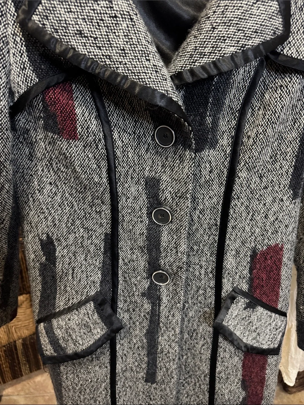 Vintage Gray Pea Coat with Burgundy and Black Accents